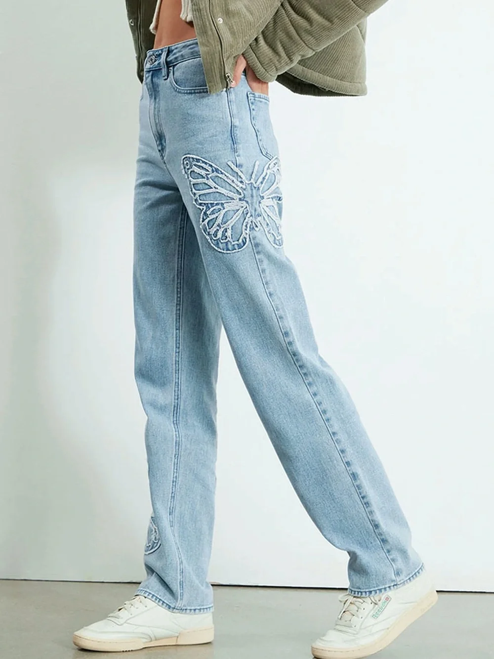 PacSun Light Blue Straight-Leg Jeans with Butterfly Embroidery